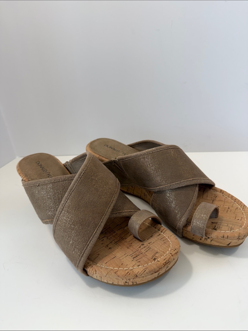 Donald J. Pliner Taupe Metallic Cork Wedge Slides